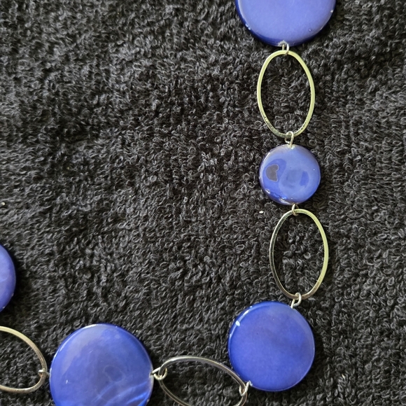 Long Blue Disc Beaded Necklace - Silver Tone Chain - Picture 2 of 4